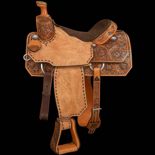 Our Buck Stitched Roper Saddle comes with tooling on the skirts, pommel and stirrups.  Customize this amazing saddle with personalized seat and gullet size and lettering. 